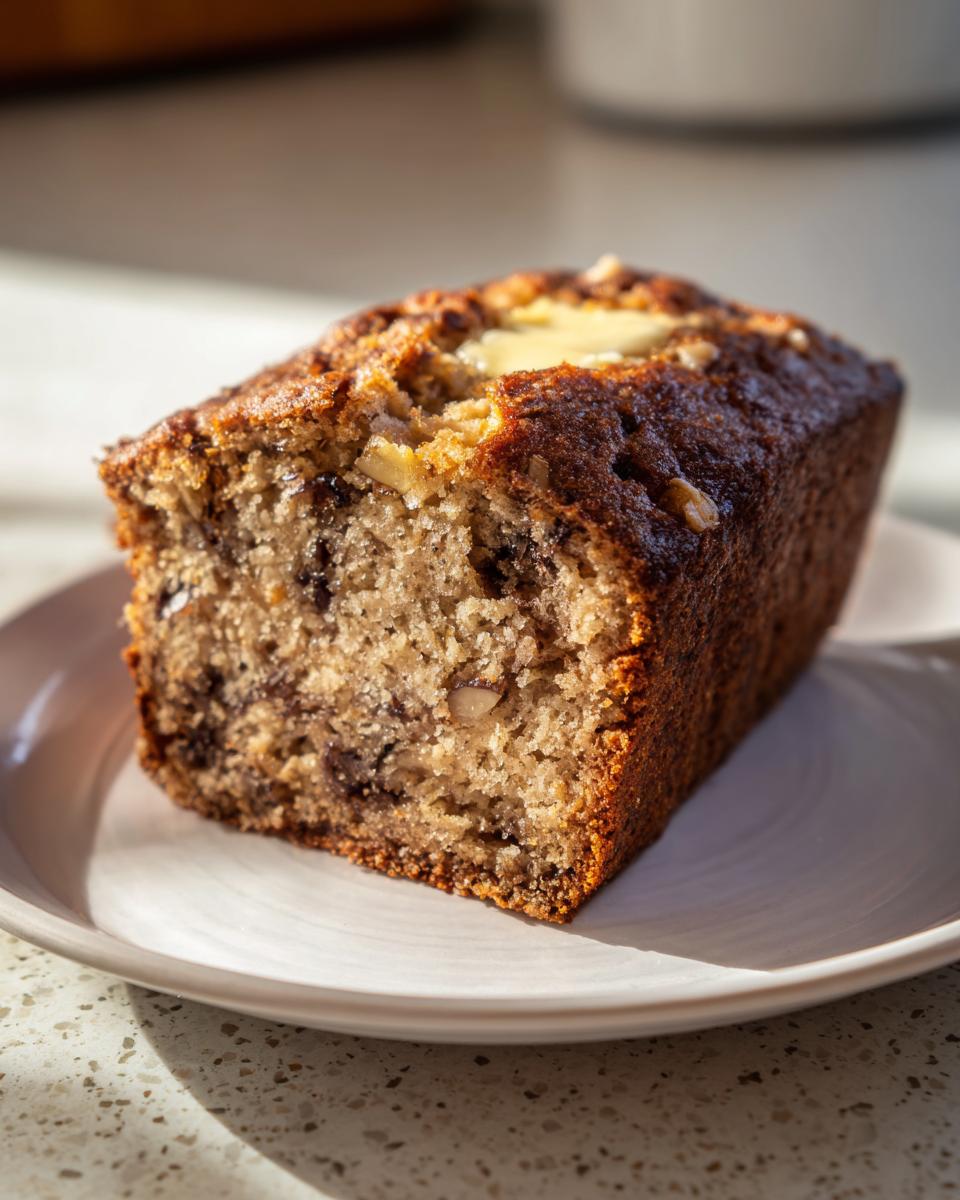 A close-up of a moist slice of date nut bread with visible nuts and chocolate chips, topped with melting butter.