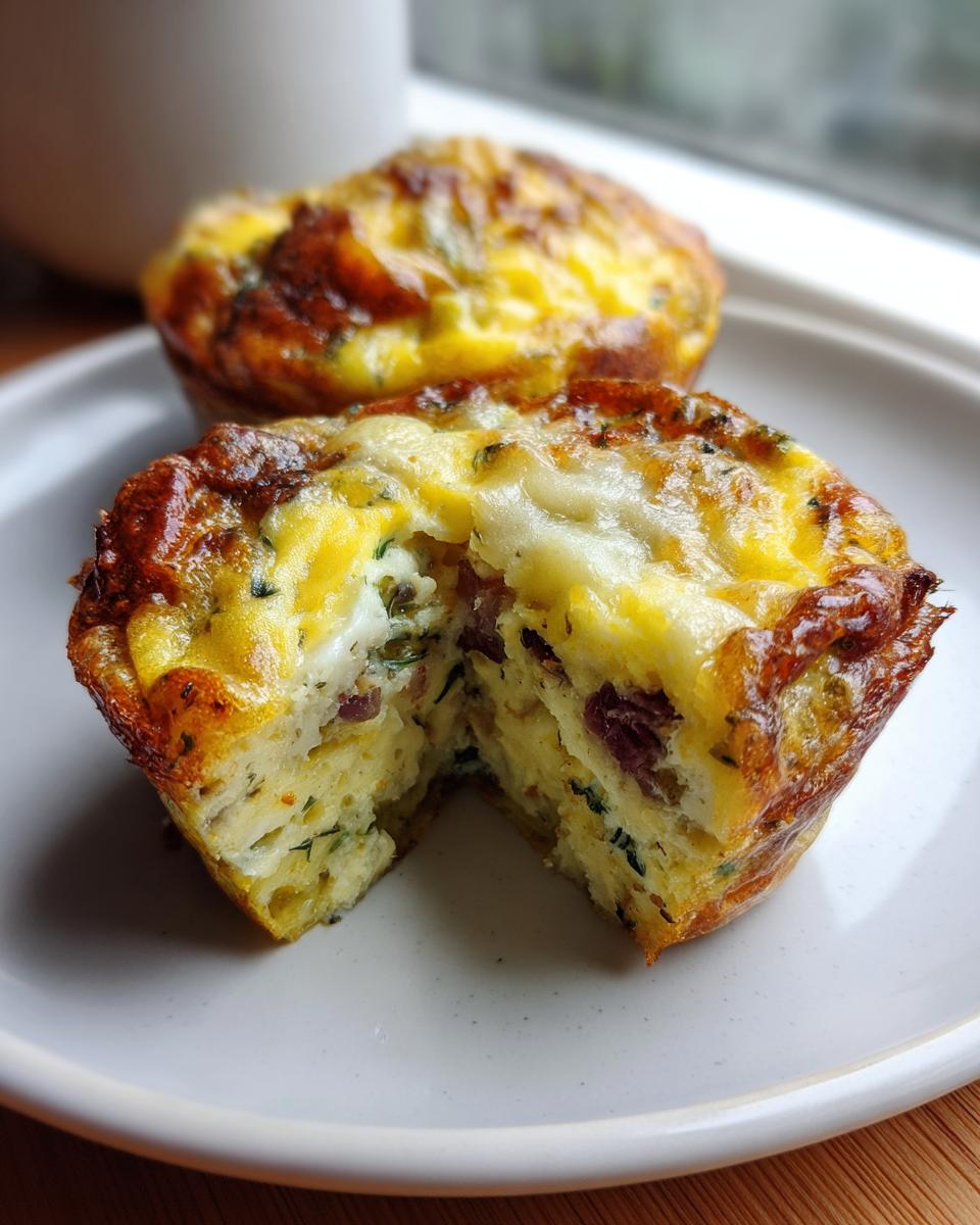 A close-up of an amazing 12-min egg muffin cut in half, showing fluffy interior with cheese and herbs.