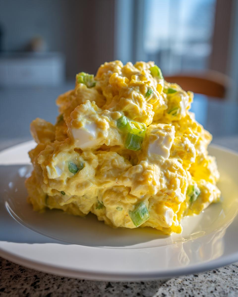 A close-up of a generous mound of creamy, yellow egg salad recipe mixed with chopped green onions on a white plate.