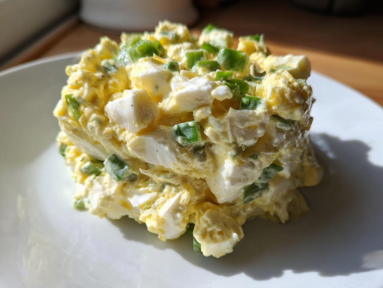 A mound of creamy, chunky egg salad recipe mixed with visible green onions, served on a white plate.