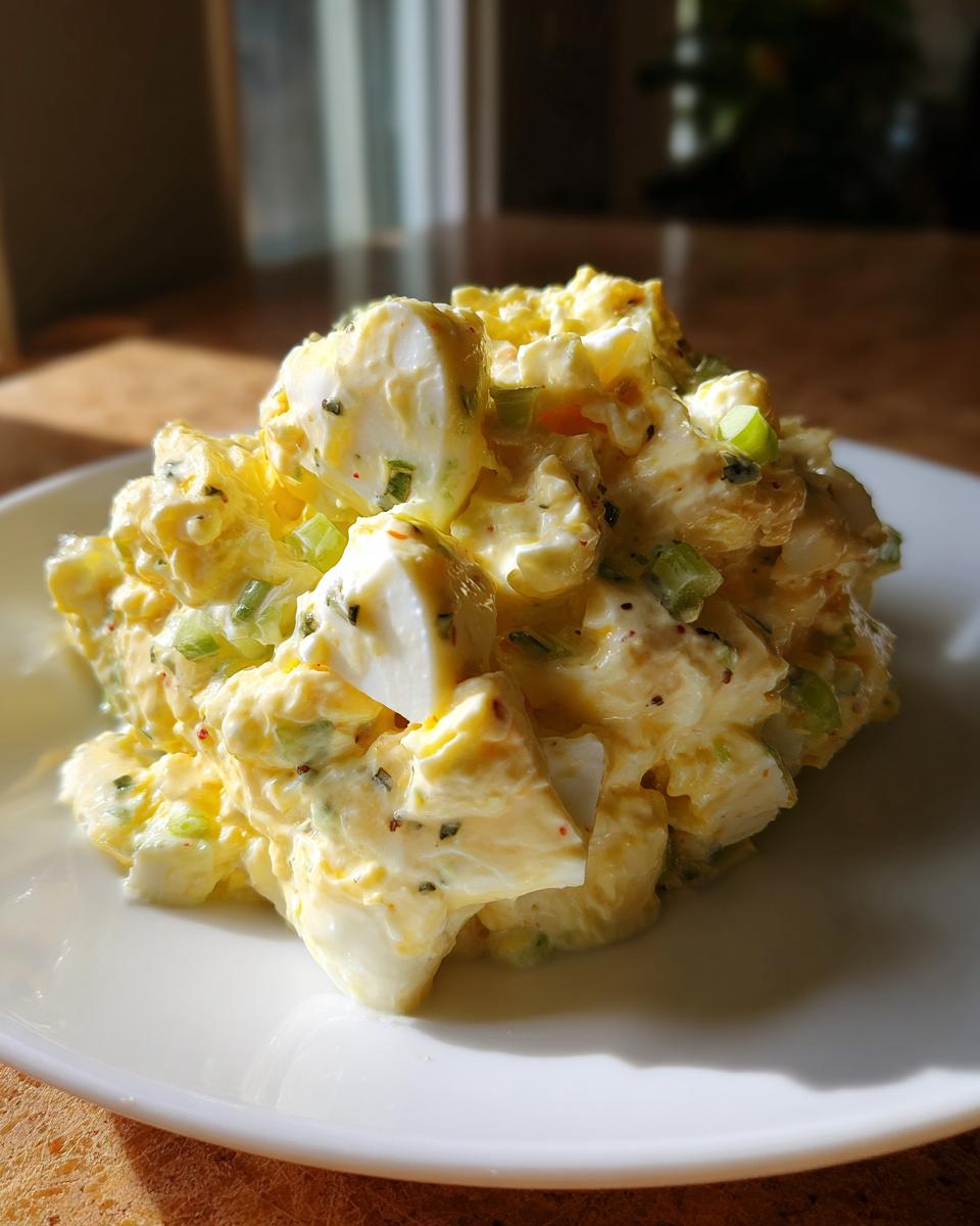 A close-up of a creamy, chunky portion of amazing egg salad recipe served on a white plate.
