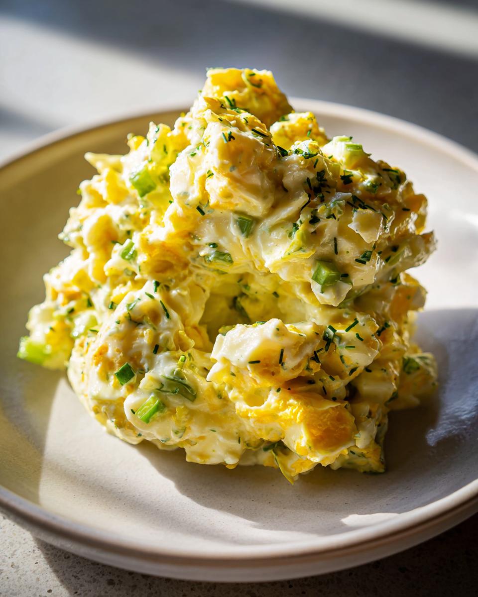 A generous scoop of creamy, chunky egg salad recipe garnished with fresh green herbs on a light plate.