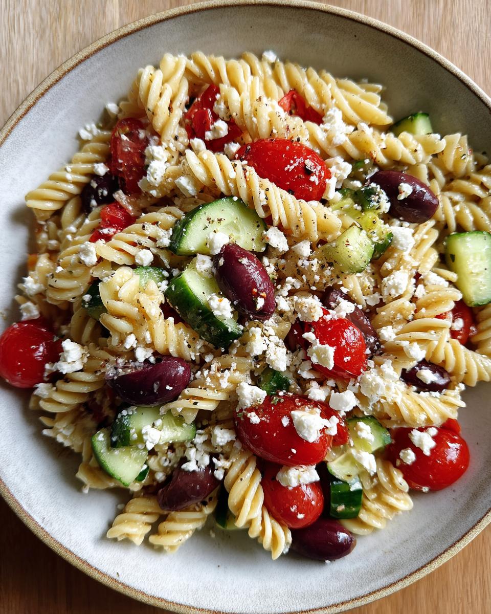 A close-up overhead shot of a bowl filled with amazing greek pasta salad featuring fusilli pasta, cherry tomatoes, cucumbers, olives, and feta cheese.