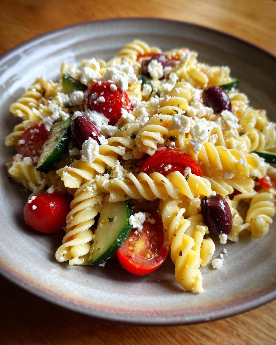 A close-up of amazing greek pasta salad featuring fusilli pasta, cherry tomatoes, cucumber, Kalamata olives, and crumbled feta cheese.