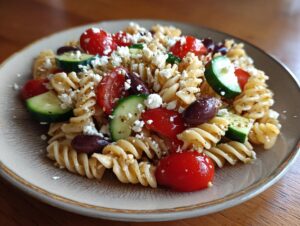 A close-up shot of a serving of amazing greek pasta salad featuring rotini pasta, cherry tomatoes, cucumber, Kalamata olives, and feta cheese.