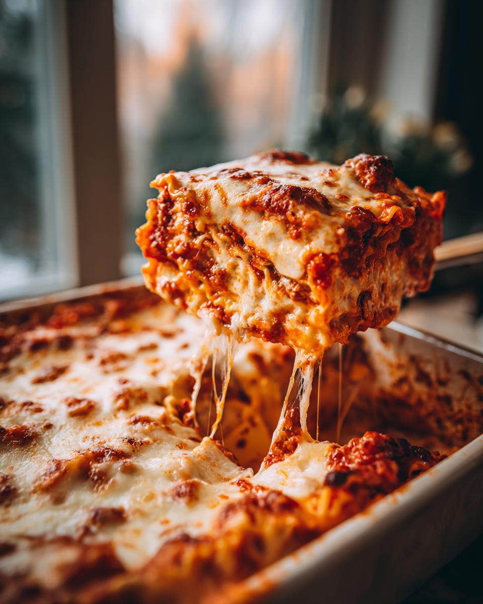 A generous slice of amazing lazy lasagna is lifted from the pan, showing dramatic cheese pulls and rich meat sauce.