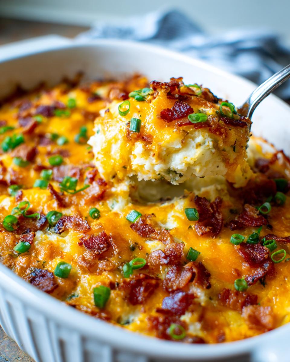 A spoonful of creamy mashed potato casserole topped with melted cheddar cheese, bacon bits, and chives being lifted from the dish.