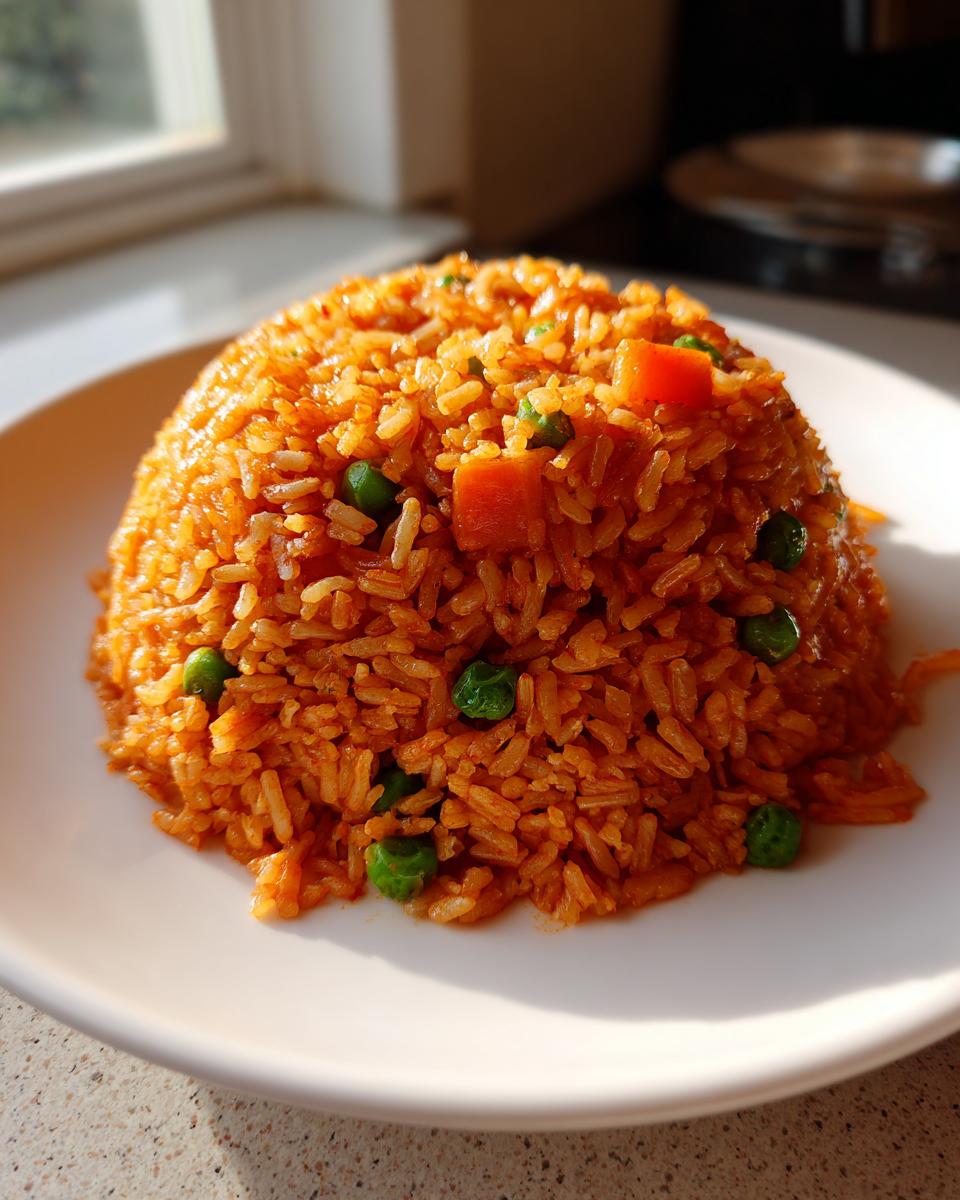 A dome-shaped serving of bright orange Mexican rice mixed with green peas and diced carrots on a white plate.