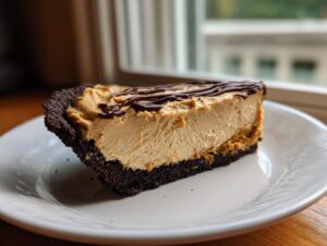A thick slice of amazing peanut butter pie featuring a dark chocolate crust and creamy filling with a chocolate drizzle.