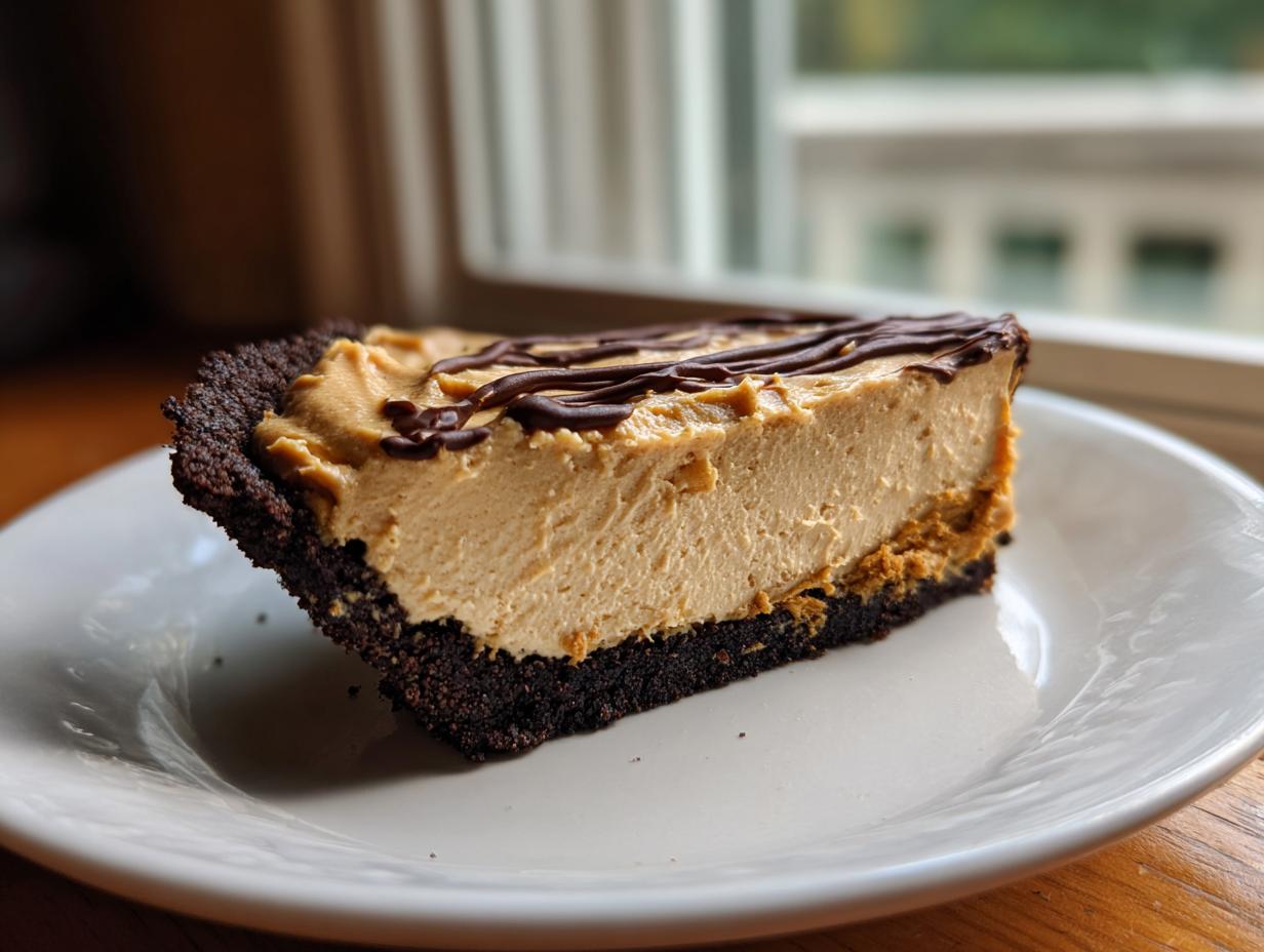 A thick slice of amazing peanut butter pie featuring a dark chocolate crust and creamy filling with a chocolate drizzle.