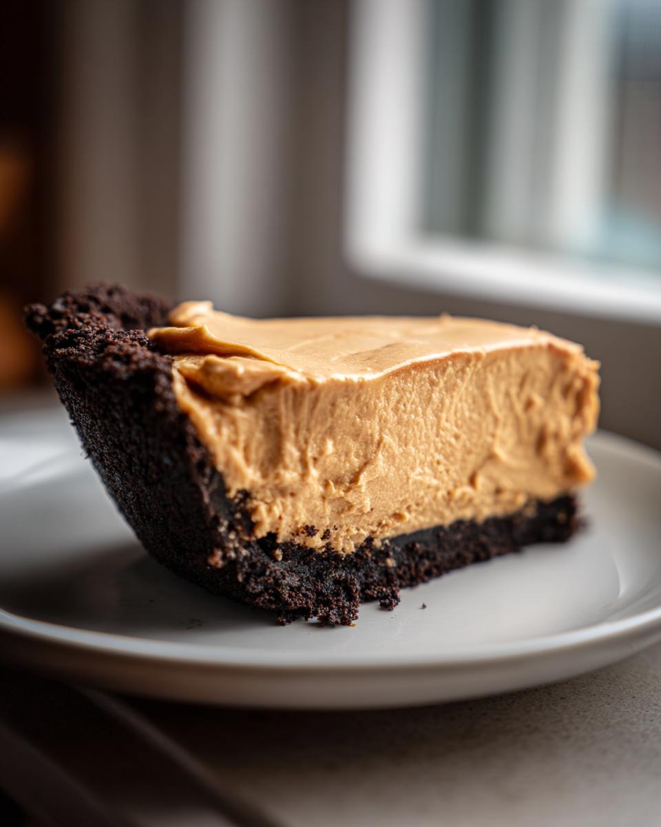 A thick slice of creamy peanut butter pie with a dark chocolate crust served on a white plate.