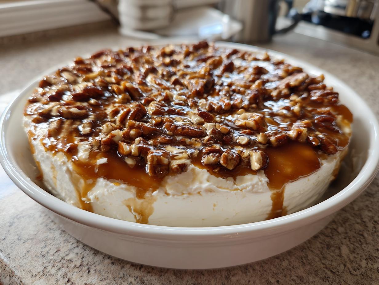 A rich pecan pie dip topped with glossy caramel sauce and chopped pecans, served in a white bowl.