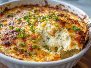 A spoonful of creamy, baked popper dip being lifted from a white casserole dish, topped with browned cheese and green onions.