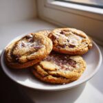 Close-up of three soft, golden-brown pudding cookies topped with melted chocolate chunks and powdered sugar.