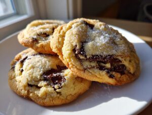 Close-up of three soft, golden pudding cookies loaded with melted chocolate chunks and sprinkled with coarse sugar.