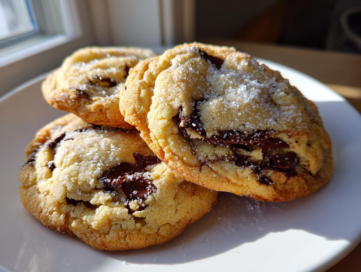 Close-up of three soft, golden pudding cookies loaded with melted chocolate chunks and sprinkled with coarse sugar.