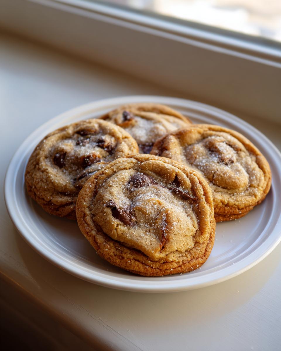 Four freshly baked pudding cookies sprinkled with sugar resting on a white plate near a window.
