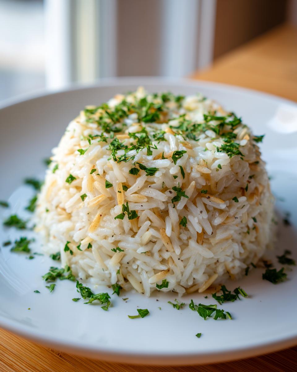 A molded serving of fluffy rice pilaf mixed with toasted vermicelli and topped with fresh parsley.