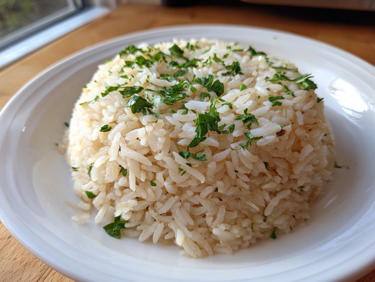 A mound of fluffy, light brown rice pilaf garnished with fresh chopped green parsley on a white plate.
