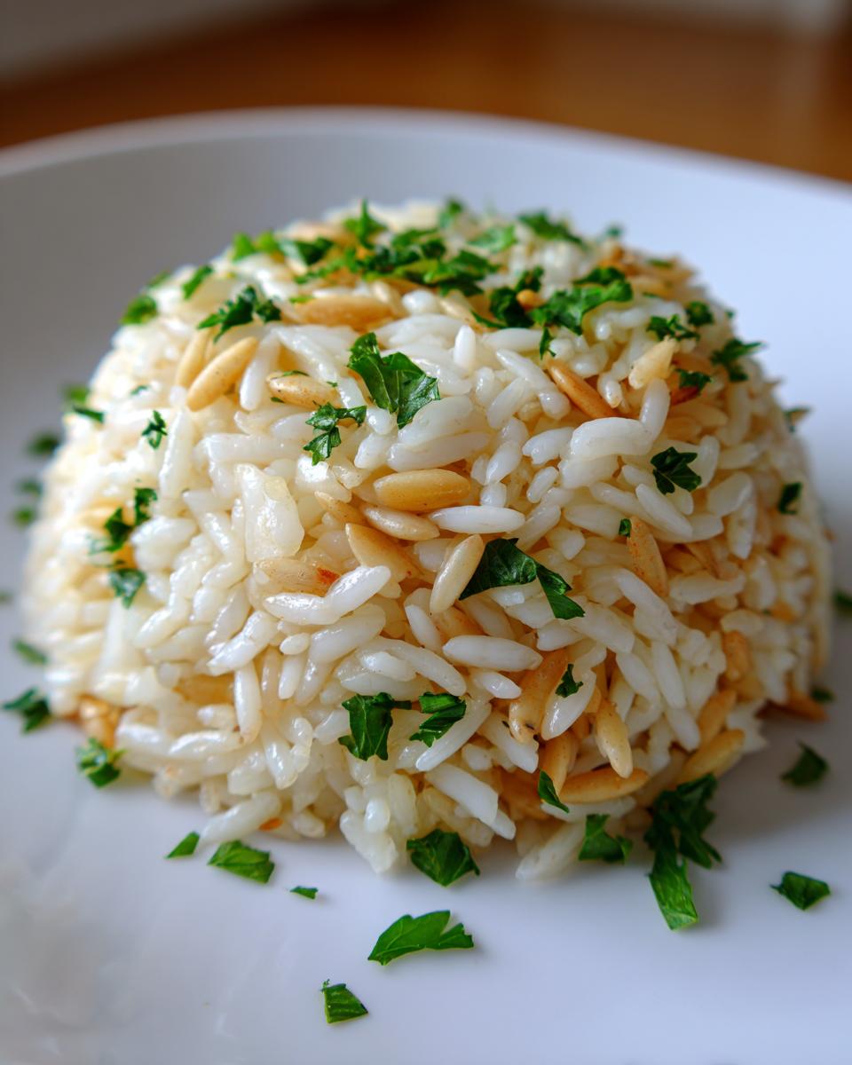A mound of fluffy rice pilaf mixed with toasted vermicelli and topped with fresh parsley.