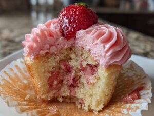 Close-up of a bitten strawberry cupcake showing moist cake, strawberry filling, and pink frosting topped with a fresh strawberry.