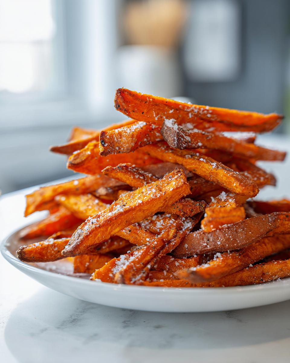 A close-up of a tall stack of crispy, orange sweet potato fries dusted generously with coarse salt.