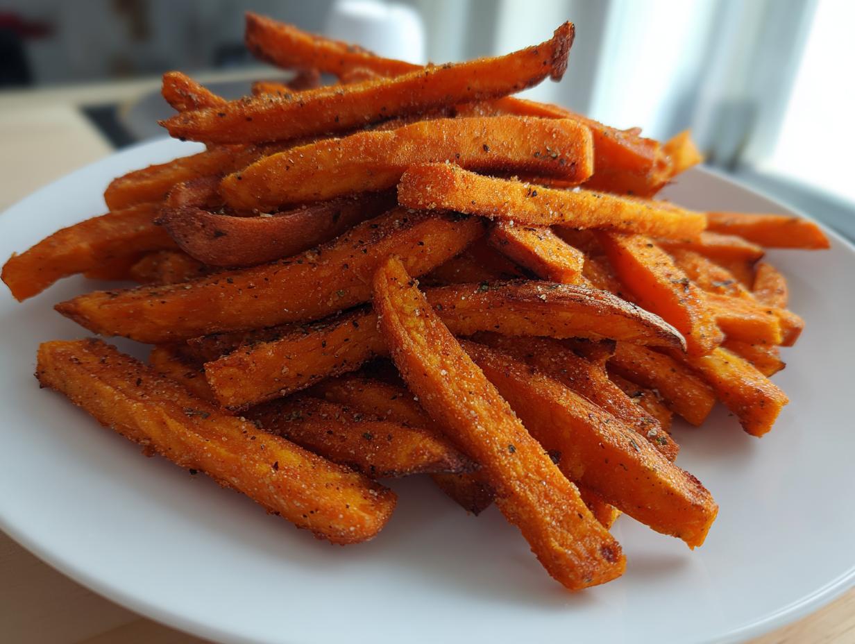 A close-up of a mound of crispy, orange sweet potato fries seasoned with pepper and herbs on a white plate.