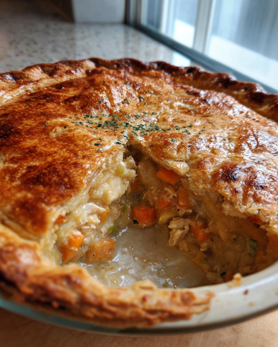 Close-up of a golden-brown turkey pot pie with a piece cut out, showing creamy filling, turkey, and carrots.