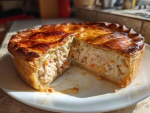A freshly baked turkey pot pie with a golden crust, a slice cut out revealing the creamy filling.