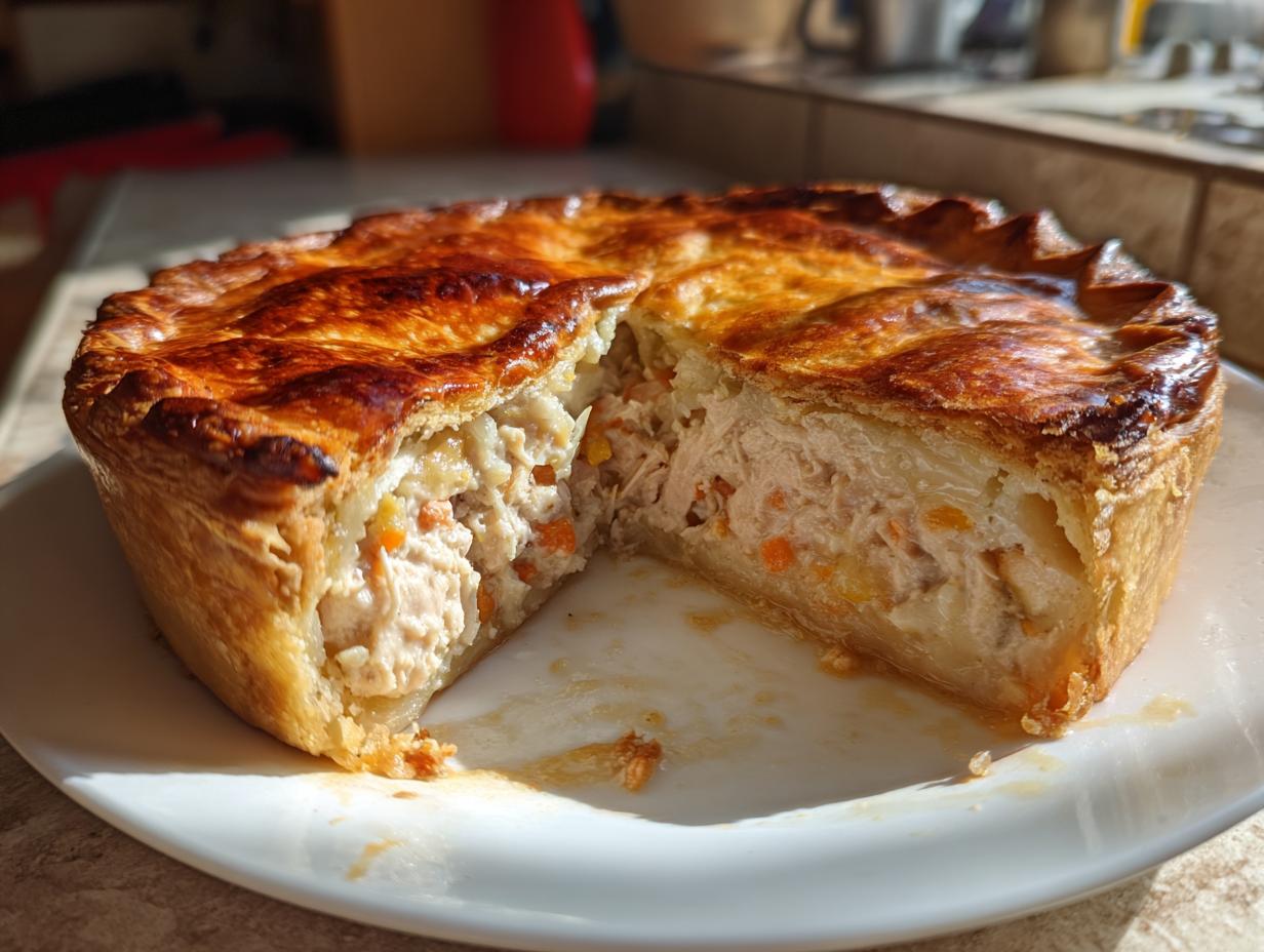 A freshly baked turkey pot pie with a golden crust, a slice cut out revealing the creamy filling.