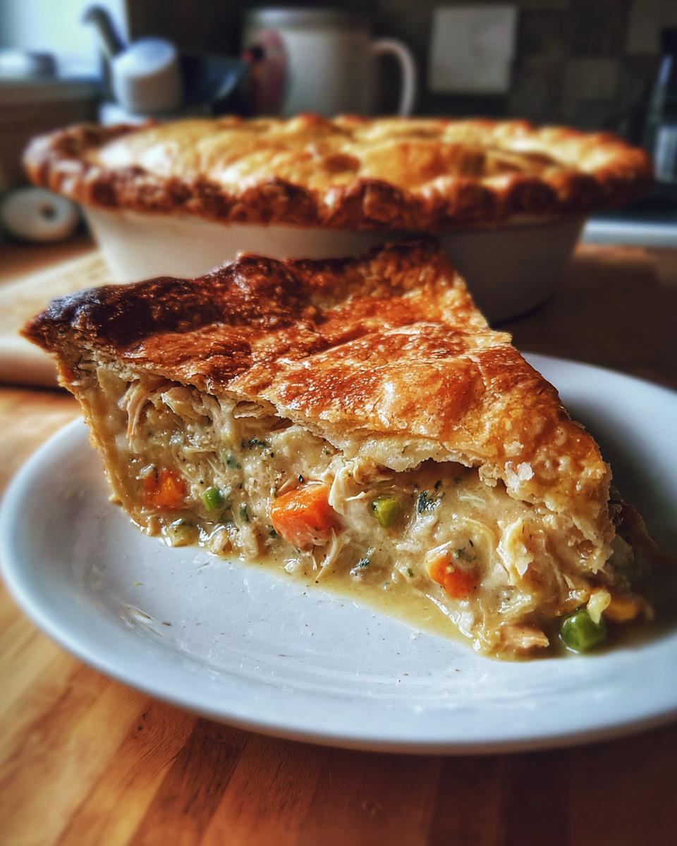 A close-up slice of amazing turkey pot pie showing shredded turkey, carrots, and peas in creamy sauce under a golden crust.
