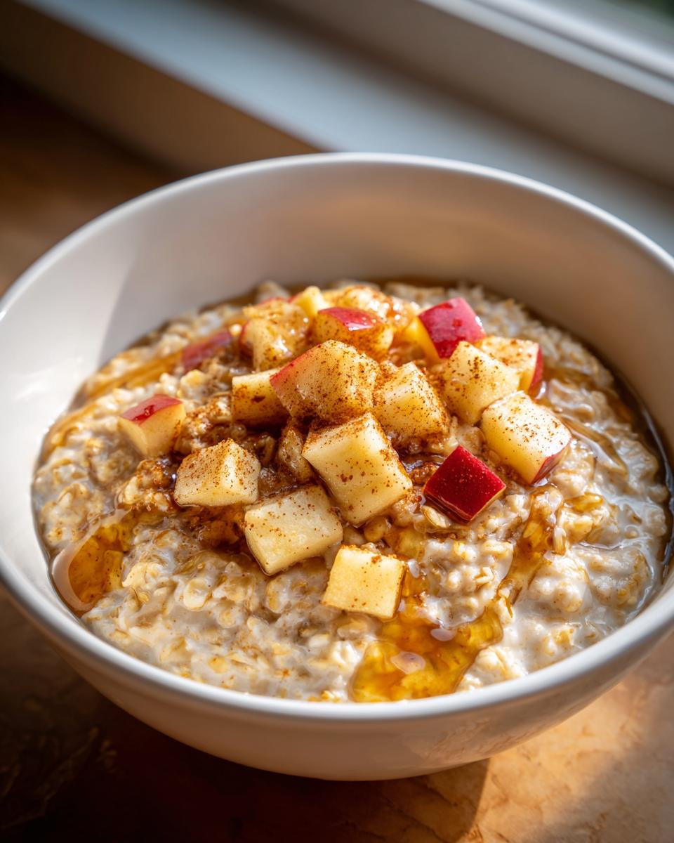 A close-up of creamy apple cinnamon oatmeal topped with diced apples, cinnamon, and drizzled with syrup in a white bowl.