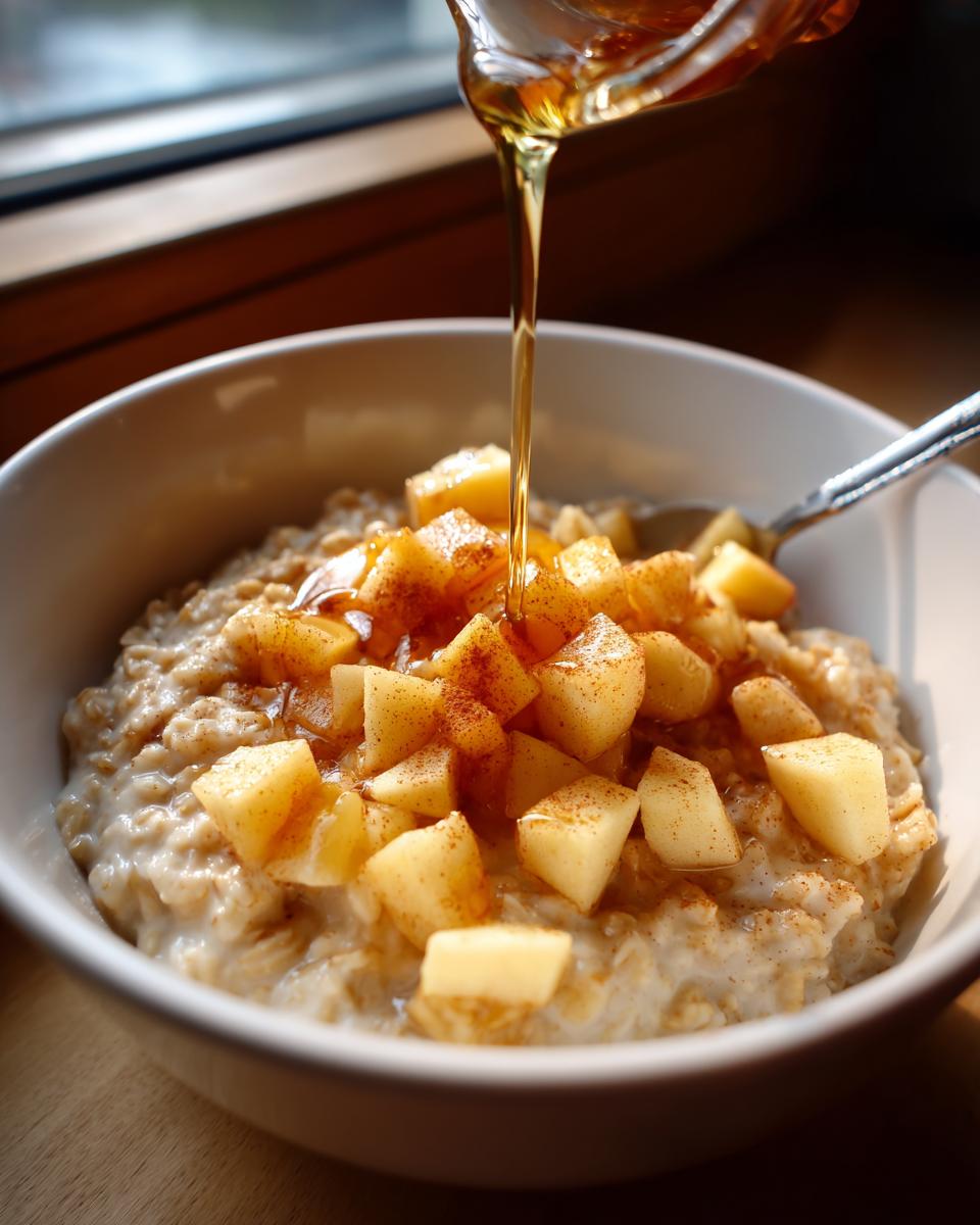 A close-up of apple cinnamon oatmeal topped with diced apples and cinnamon, as syrup is being poured over it.