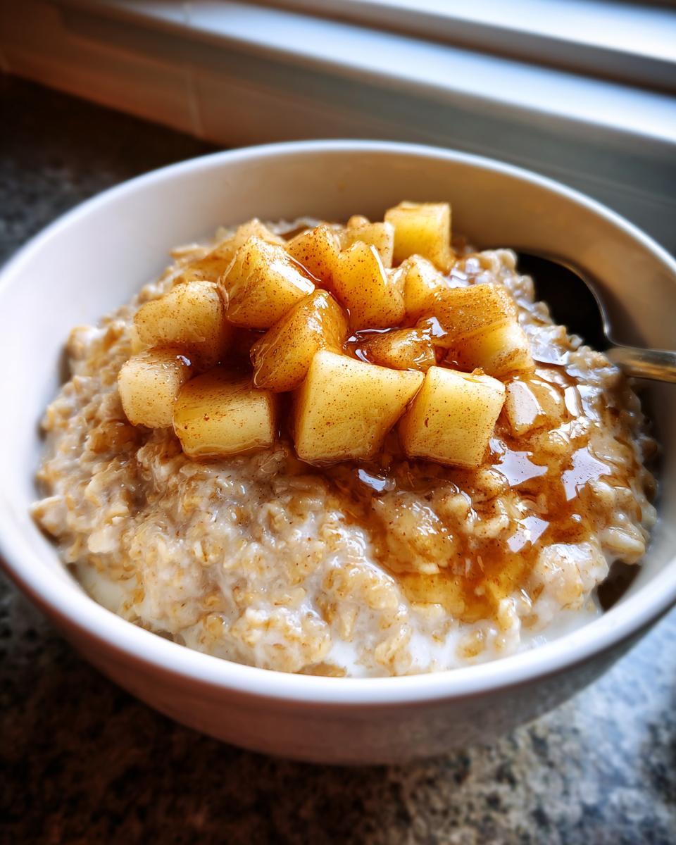 A close-up of creamy apple cinnamon oatmeal topped with diced, spiced apples and drizzled with syrup.