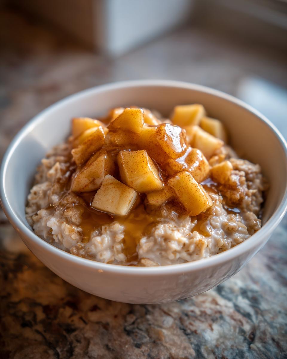 A close-up of creamy apple cinnamon oatmeal topped with caramelized apple chunks dusted with cinnamon and drizzled with syrup.