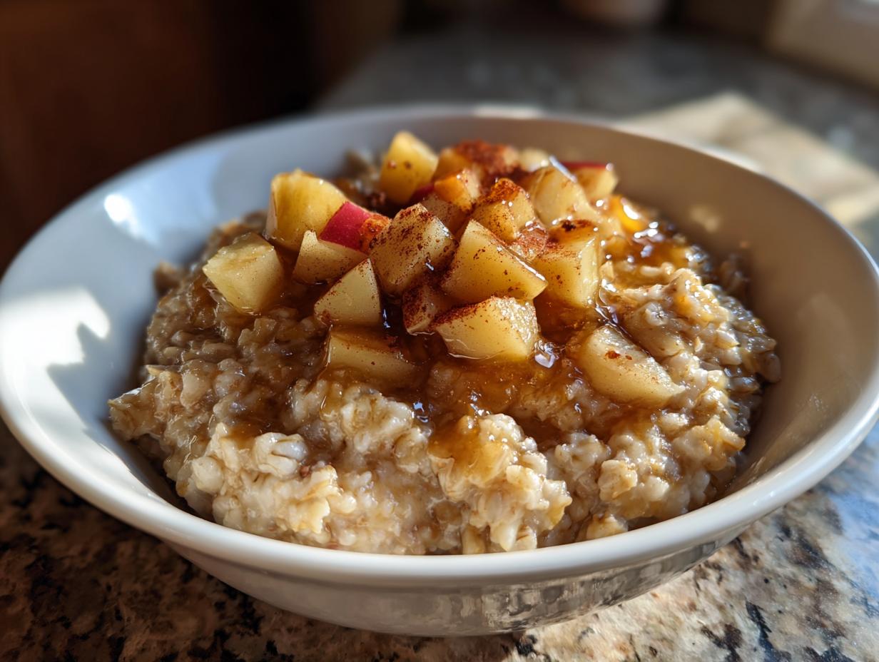 Close-up of a white bowl filled with creamy apple cinnamon oatmeal, topped with diced apples and cinnamon.