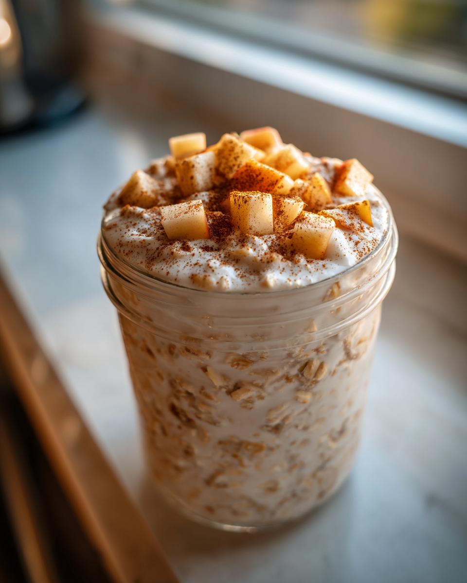 A close-up of apple cinnamon overnight oats in a mason jar, topped with diced apples and cinnamon.