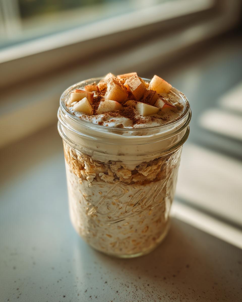 Close-up of apple cinnamon overnight oats in a mason jar topped with yogurt and diced apples dusted with cinnamon.