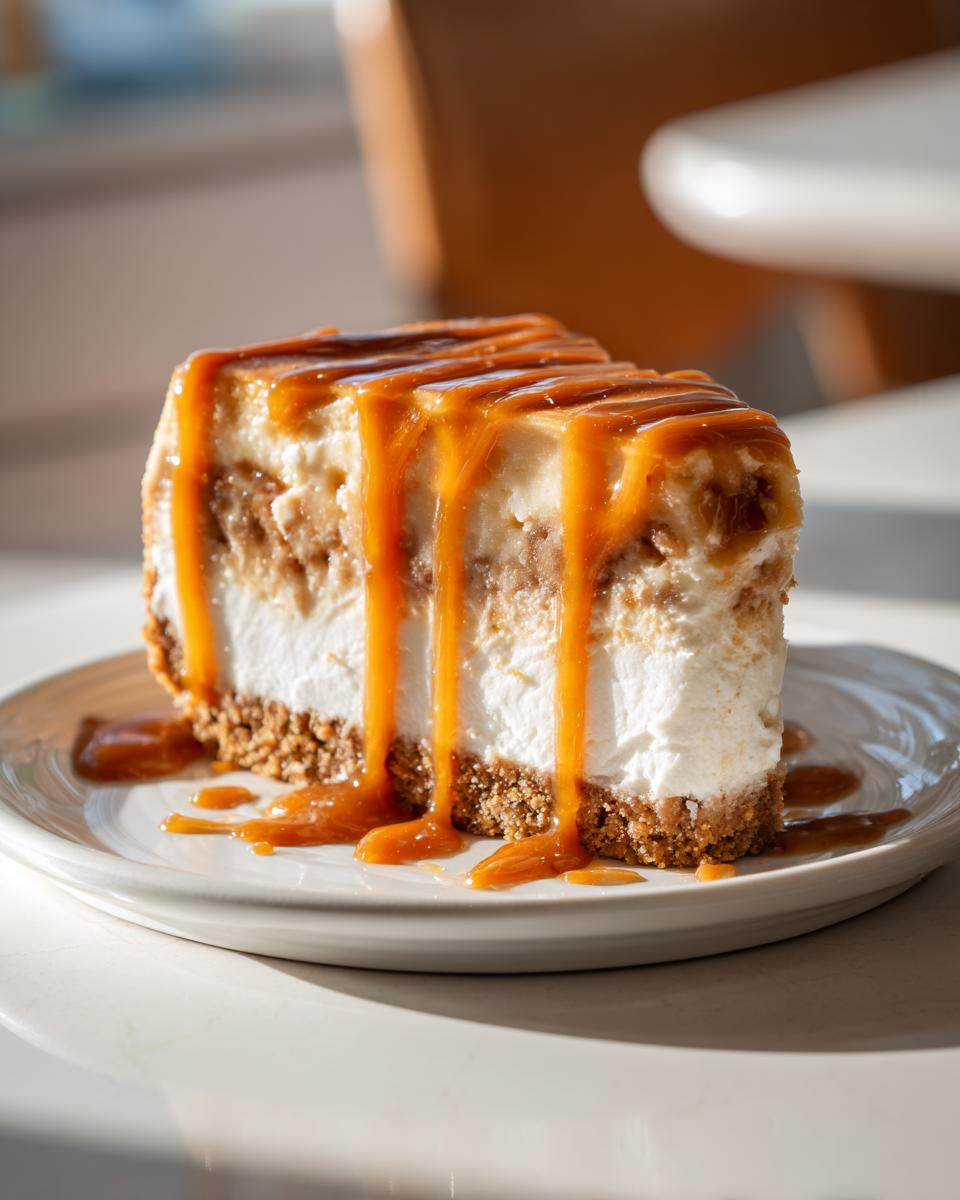 A decadent slice of apple pie cheesecake topped generously with dripping caramel sauce.