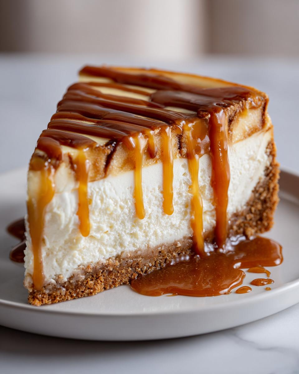 A rich slice of apple pie cheesecake topped with thick caramel sauce drizzling down the sides.