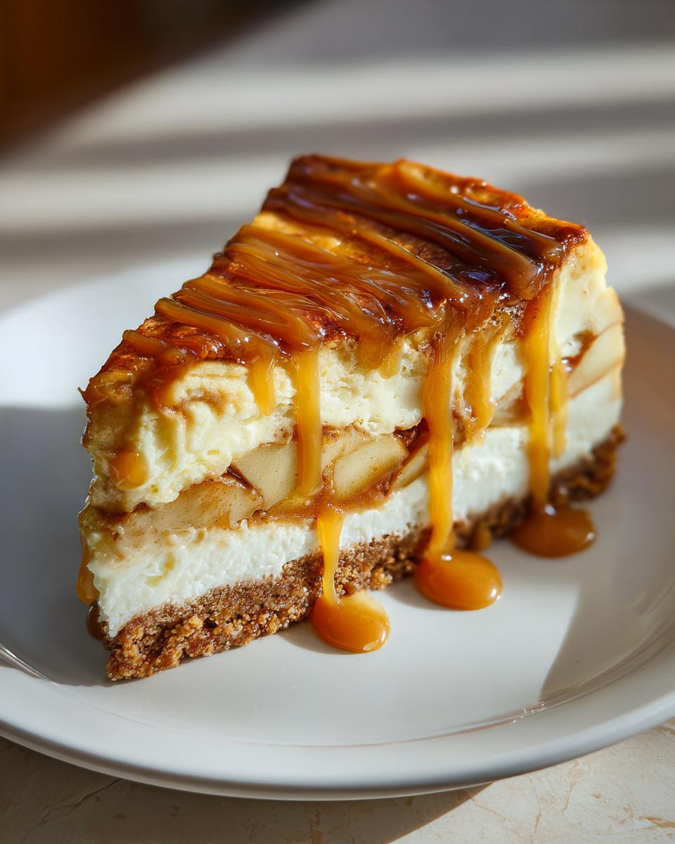 A decadent slice of apple pie cheesecake topped with rich caramel sauce dripping down the sides.