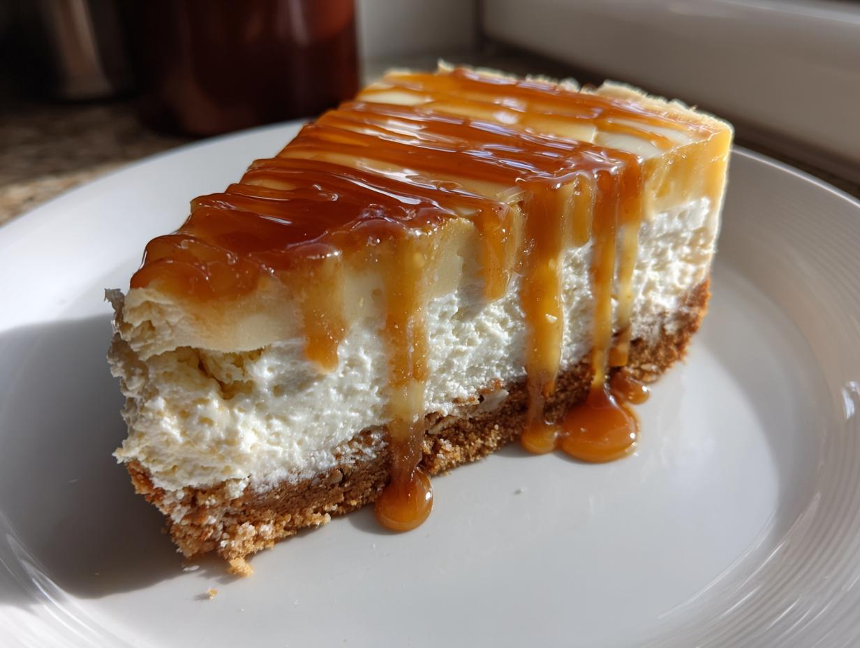 A thick slice of apple pie cheesecake with a graham cracker crust, topped with rich caramel sauce dripping down the sides.