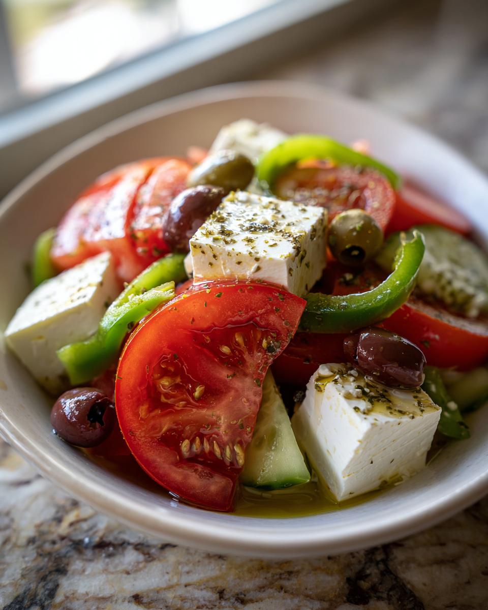 Close-up of a fresh greek salad featuring large cubes of feta cheese, ripe tomatoes, green peppers, cucumbers, and Kalamata olives.