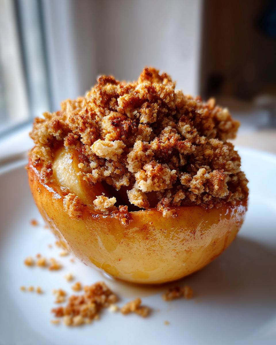 A close-up of a golden brown baked apple topped generously with cinnamon crumble, sitting on a white plate.