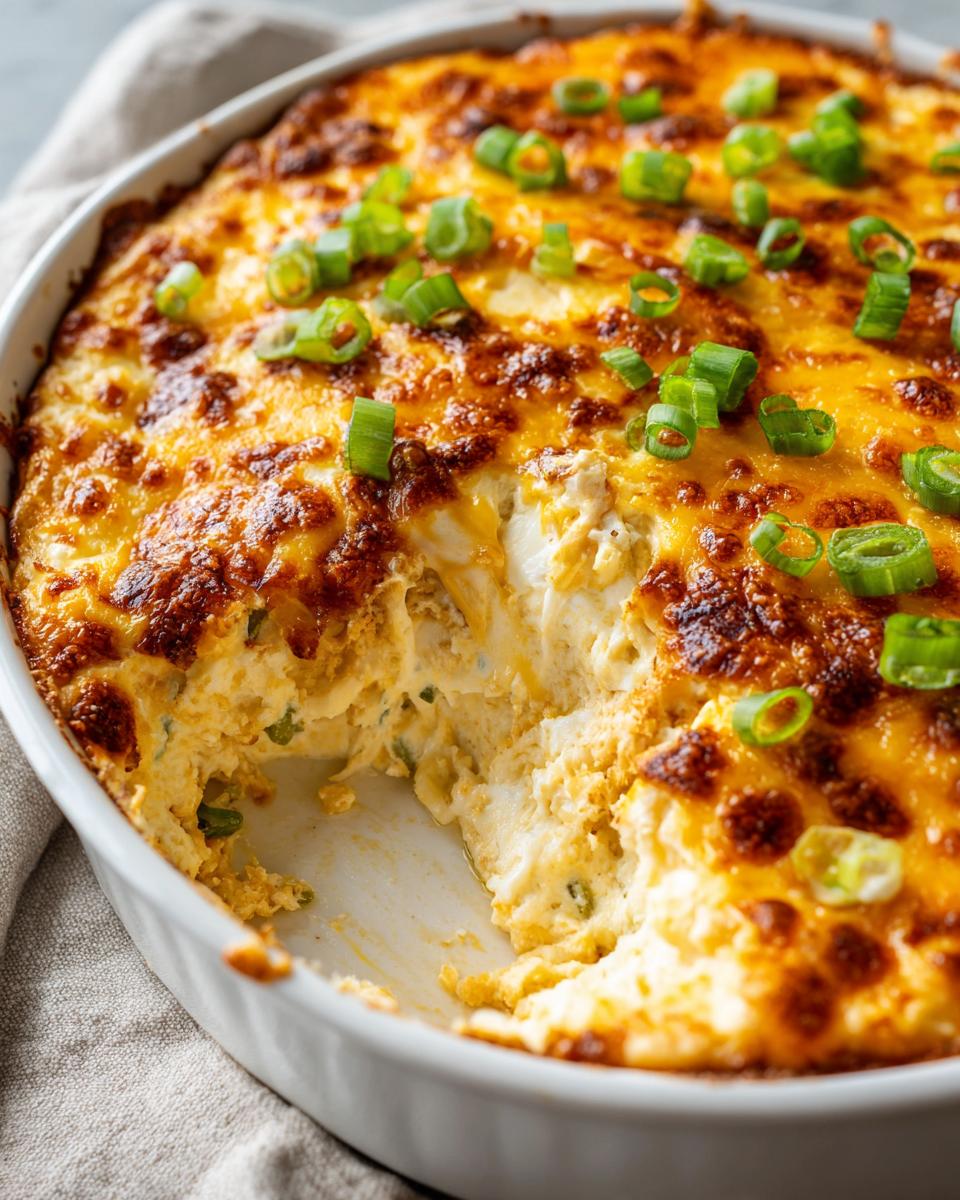 Close-up of hot, baked popper dip in a white dish with a scoop removed, topped with melted cheese and green onions.
