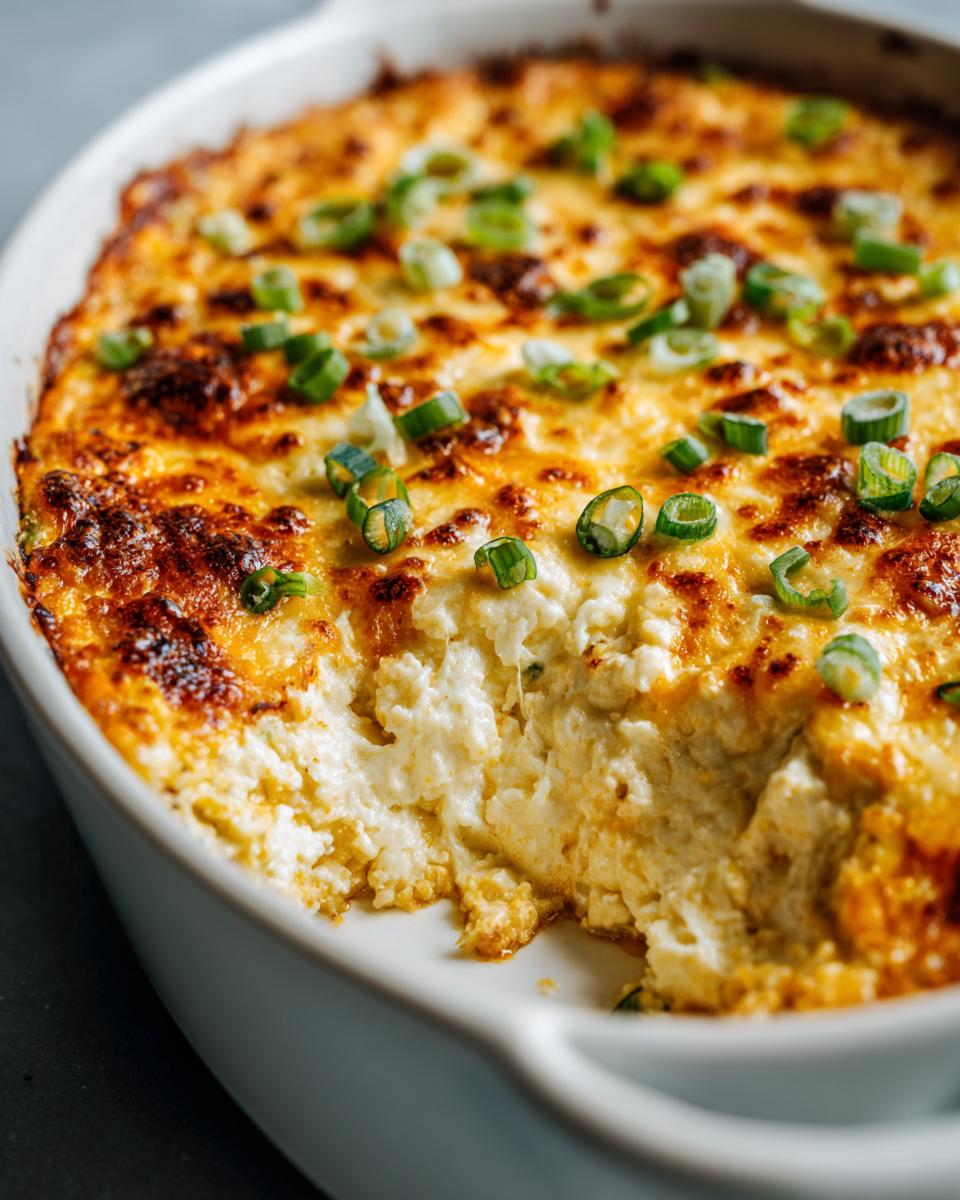 Close-up of a creamy, baked popper dip in a white casserole dish with a scoop removed, topped with browned cheese and green onions.