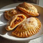 Close-up of golden baked pumpkin empanadas sprinkled with sugar, one is cut open showing the filling.