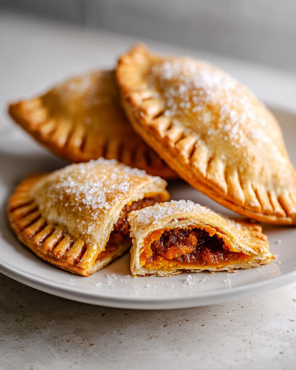 Four golden-brown baked pumpkin empanadas dusted with coarse sugar, one cut open to show the rich filling.