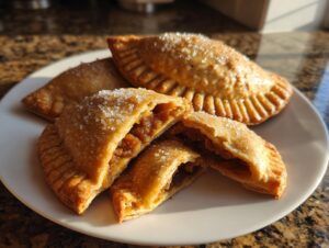 Four golden-brown pumpkin empanadas on a white plate, one cut open to show the spiced filling.