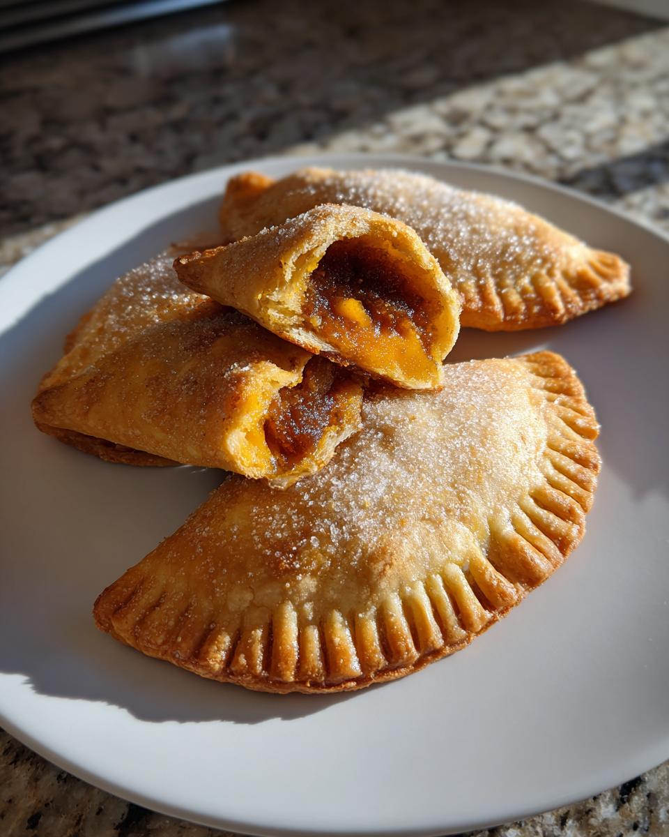 Three golden-brown baked pumpkin empanadas dusted with sugar, one broken open to show the rich pumpkin filling.